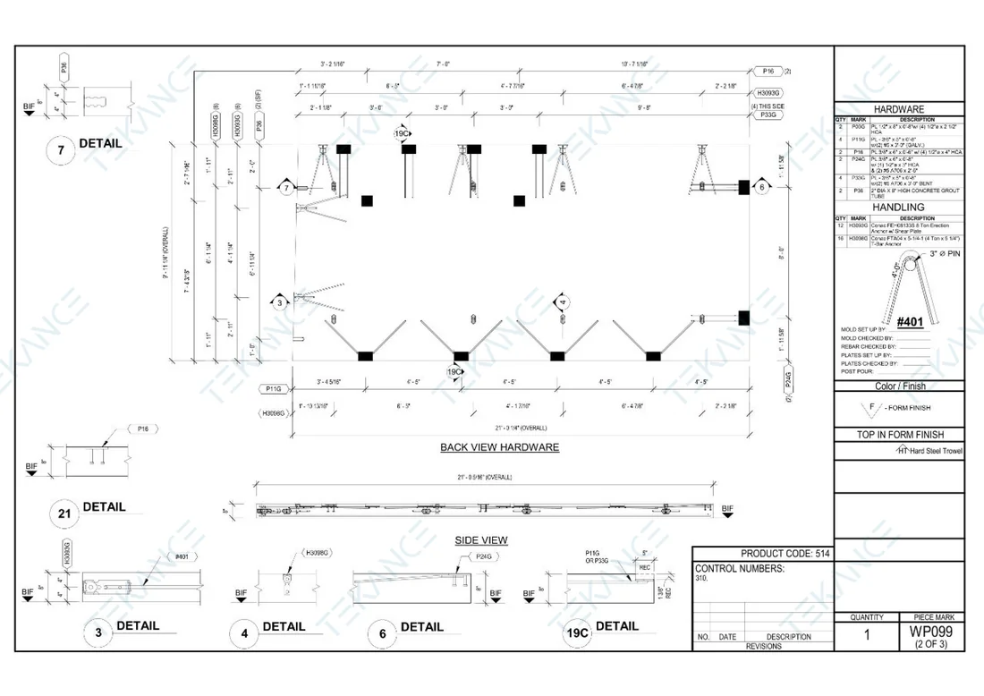 WP099 — Hardware: Back-view hardware layout with hardware and handling schedule