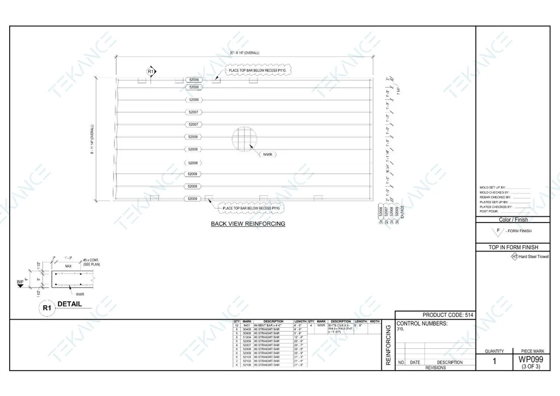 WP099 — Reinforcing: Back-view reinforcing, straight bars and WWR