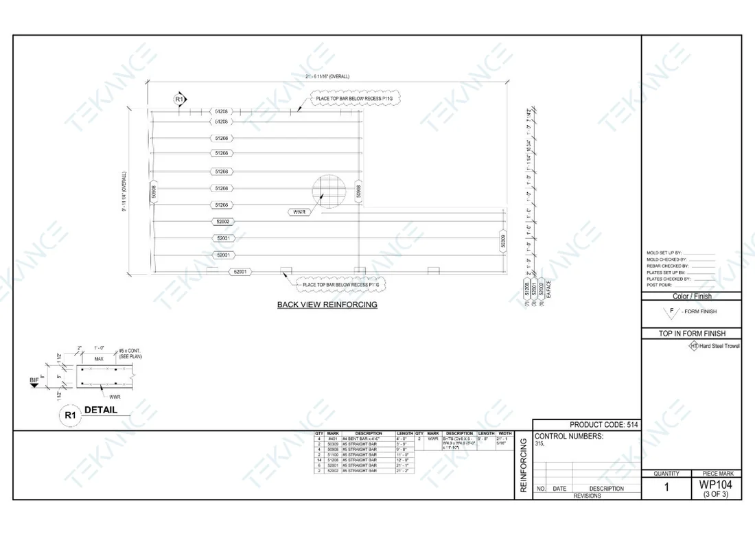 WP104 — Reinforcing: Back-view reinforcing, #5 bars and WWR