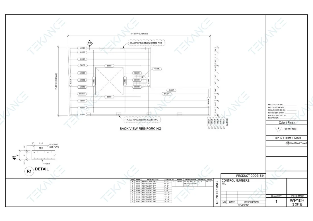 WP109 — Reinforcing: Back-view reinforcing with opening and bar schedule