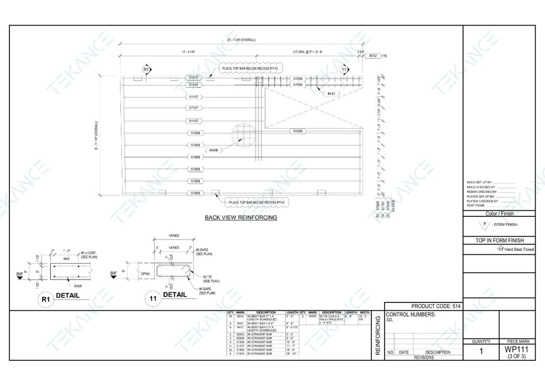 WP111 — Reinforcing: Back-view reinforcing with top-bar recess notes